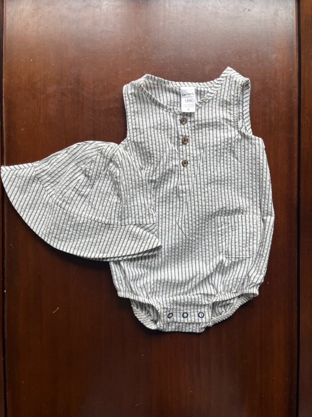 Carter's White and Navy Striped Baby Sun Hat & Romper Set